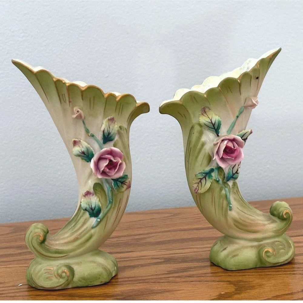 Lefton China Hand Painted Cornucopia Vase Pair 7174 Pink Rose Vintage Japan